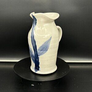 Vintage Pottery Hand Turned Salt Glaze Blue Leaf Pitcher Vase 7.5"
